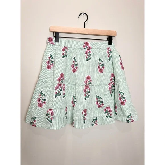 NWT J. Crew Factory M 100% Cotton Tiered Short Skirt Green Stripe Floral Lined - Picture 1 of 9